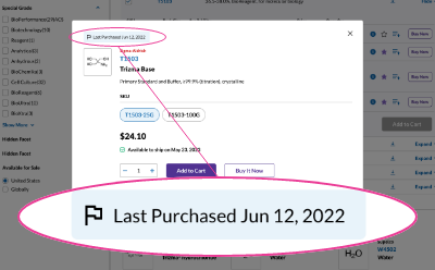 Previous Purchase Product Quick View 密理博西格玛产品快速视图截图,显示以前的购买横幅