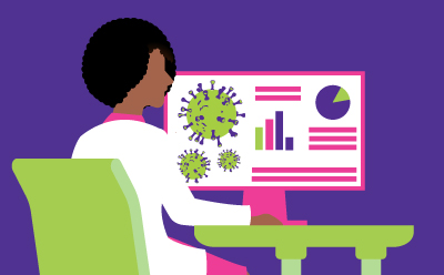 Illustration of a woman wearing a lab coat and working on a computer