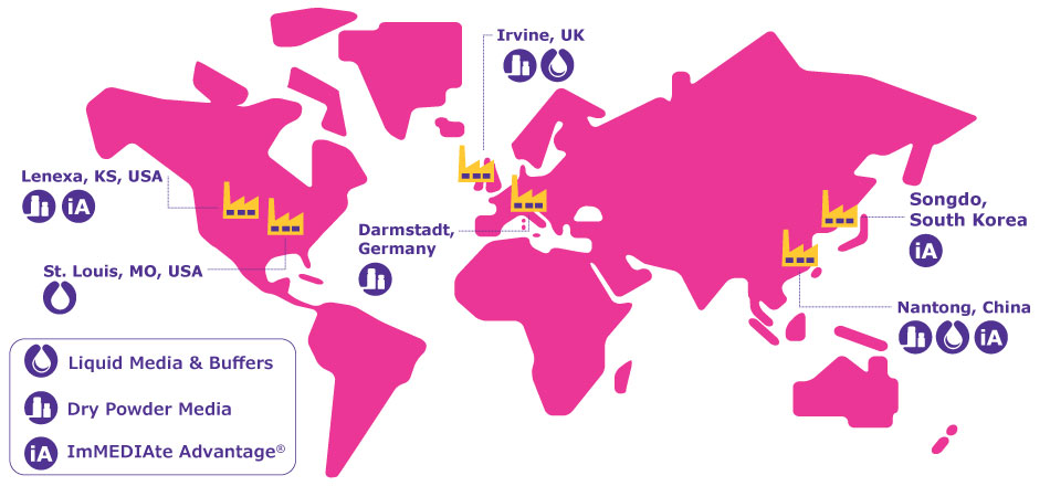 World map highlighting manufacturing sites across the globe in Lenexa, St. Louis, Irvine, Darmstadt, Songdo, and Nantong and indicating which sites manufacture liquid and dry powder/compacted media and which offer imMEDIAte ADVANTAGE® Services.