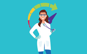 Accelerate Custom Antibody Development 一幅科学家插图,以及一个类似车速表的图示,代表着能够加速定制抗体研发上市的端到端解决方案
