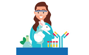 Sustainable Antibody Solutions 一幅插图描绘了一位科学家在实验室里抱着一只白兔,站在实验台后方。实验台上摆放着试管和实验室玻璃器皿,旁边还有一幅抗体示意图,象征着可持续且符合伦理的抗体生产。