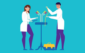 Tailored Solutions for Antibody Development 两名身穿白色实验服的科学家在青绿色背景前共同操作试管和实验室设备,生动展现了量身定制、协作式的抗体研发过程。
