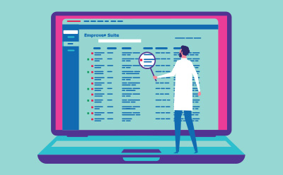 Easy-to-find and easy-to-navigate information provided in the Emprove® Suite. Miniature person in a labcoat standing in front of a huge laptop and holding a magnifying glass. Laptop screen shows a selection list as it is provided in the Emprove® Suite.