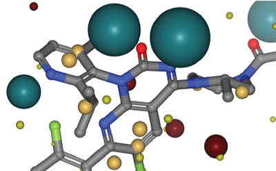 Shape-Based Search A 3D molecular model displaying various atoms represented by colored spheres and rods. The structure includes large teal spheres indicating specific atoms, while smaller spheres in yellow, red, and brown represent other elements. The connections between atoms are depicted with gray and blue rods, illustrating the molecular framework.