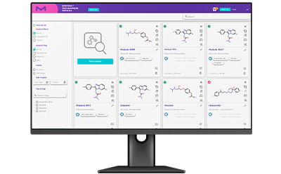 SYNTHIA User Interface 计算机显示器上呈现SYNTHIA™逆合成软件的用户界面,该界面提供多条化学合成分析路径。