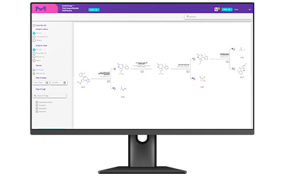 SYNTHIA Screen View SYNTHIA™逆合成软件的屏幕视图,展示了化学化合物合成的详细路径。
