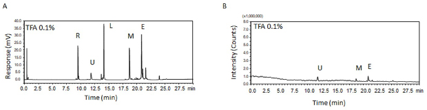 UV and MS chromatograms of proteins with TFA as modifier UV and MS chromatograms of five proteins― ribonuclease, ubiquitin, lysozyme, apo-myoglobin, and enolase obtained on using TFA as the mobile phase additive during HPLC separation