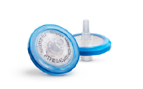 PTFE syringe filters Two syringe filters with PTFE membranes, featuring transparent housings and blue rims, designed for sample clarification and particulate removal prior to chromatographic analysis.