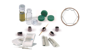 GC consumables and accessories Assorted gas chromatography consumables including vials, septa, ferrules, syringes, inlet liners, and capillary column accessories used for sample introduction, separation, and analysis in GC workflows.