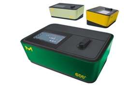 Spectroquant® spectrophotometers - Prove 100 plus, Prove 300 plus, & Prove 600 plus three models of Spectroquant® spectrophotometers: Prove 100 plus, Prove 300 plus, and Prove 600 plus. Each device has a sleek, modern design with a rectangular body. The largest model in the foreground, Prove 600 plus, is green with a black top and features a touchscreen interface displaying measurement data, as well as a slot for sample insertion. The top right corner of the device has a yellow "M" logo and "600+" printed in bold yellow on the front corner. Two smaller models, Prove 100 plus and Prove 300 plus, are placed in the background. Prove 100 plus is light green with a black top, while Prove 300 plus is yellow with a black top. Both also feature touchscreens and the "M" logo.
