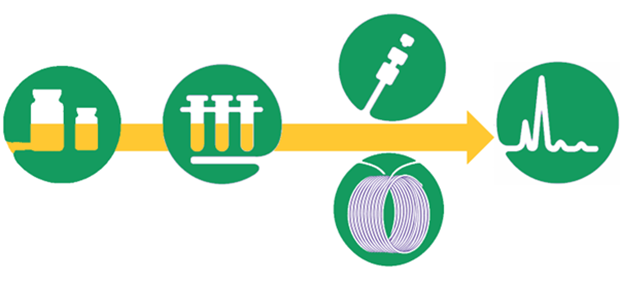 Overview of Chromatography workflow Schematic workflow showing sample preparation, vial loading, injection, column separation, and chromatogram detection in HPLC analysis.