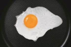 Egg on a Teflon frying pan 特氟龙煎锅上鸡蛋烹饪的俯视图