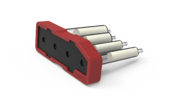 Red Synple amide formation cartridge with black center panel and four attached reaction vials