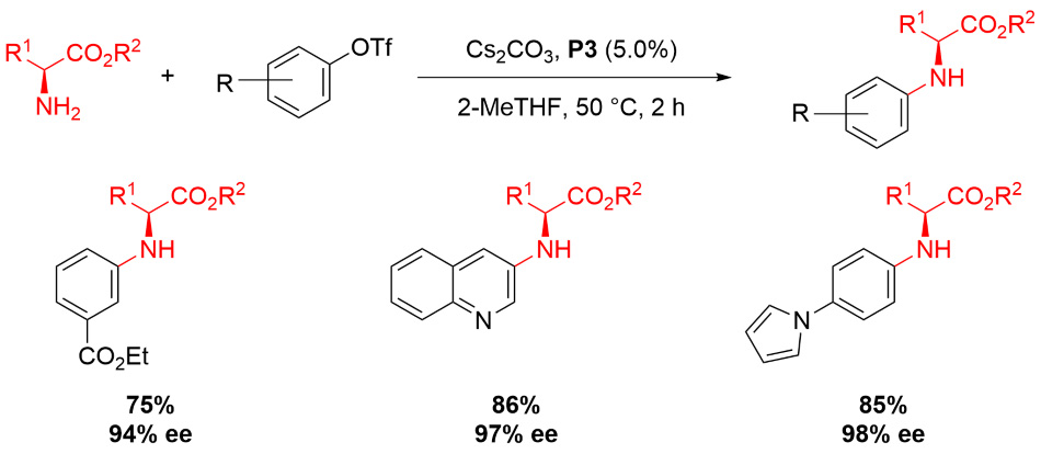 Reaction scheme showing the arylation of an amino acid ester using P3 precatalyst from Table 1