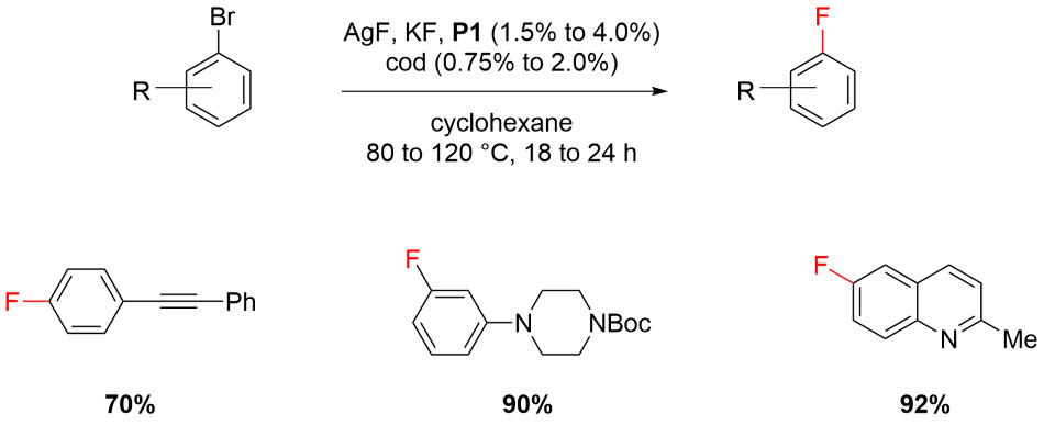 Reaction scheme showing the fluorination of an aryl bromide using P1 precatalyst from Table 1.