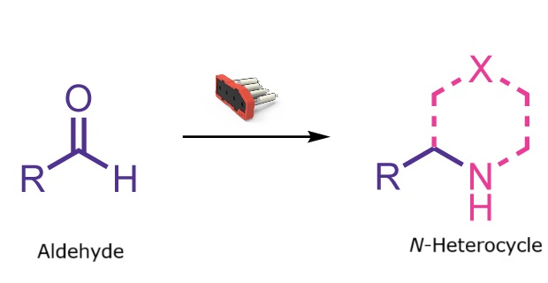 Reaction scheme showing formation of an N-heterocycle from an aldehyde and an amine precursor.