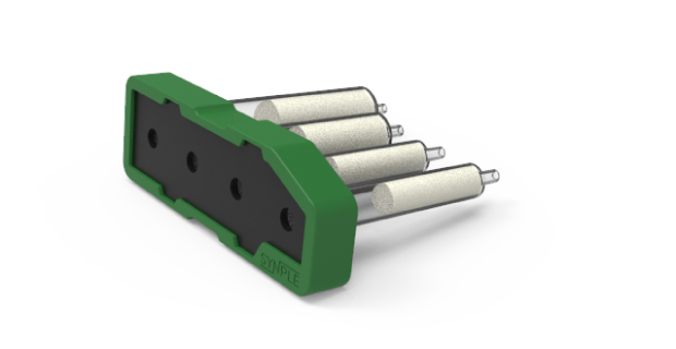 Dark green Synple reductive amination cartridge featuring a black center section and four attached reagent vials.