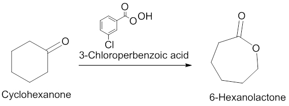 A chemical reaction diagram illustrating the transformation of cyclohexanone (left) into 6-hexanolactone (right) using 3-chloroperbenzoic acid (center) as the reagent. Cyclohexanone is depicted with a cyclic structure and a carbonyl group (C=O). The 3-chloroperbenzoic acid is shown with a benzene ring, a carboxylic acid group (–COOH), and a chlorine atom (Cl). The product, 6-hexanolactone, is represented with a cyclic structure featuring two carbonyl groups.