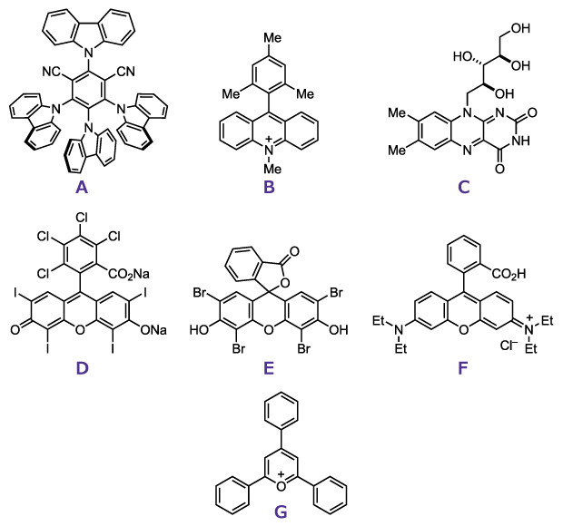 Common organic photocatalysts Image shows skeletal structures of 7 common photocatalysts (A–G), including 4CzIPN, acridinium, riboflavin, Rose Bengal, Eosin Y, Rhodamine B, and TPP⁺.