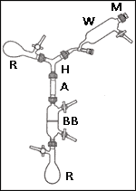 Filtration/ Washing Reaction and storage flask connected to a double-ended filter, to a straight adapter, followed by a 3-way connecting adapter connected to a reaction and storage flask and to an addition funnel with a hex head stopper.