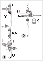 Transfer of Solids No. 1 has a solid transfer vessel attached to a filter funnel via a reducing adapter, straight adapter an joint caps. No. 2 shows a sealing tube attached to the side-arm of the solid transfer vessel.