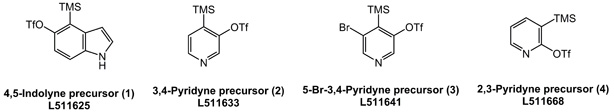 ‘indolyne’ precursor1 and ‘pyridyne’ precursors Chemical structures of four precursors: 4,5-indolyne and 3 pyridyne variants, each with TMS and OTf or Br functional groups.