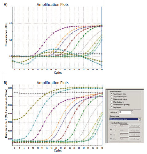 Amplification of a 10-fold serial dilution of an artificial template with specific primers and a FAM-labeled probe Amplification of a 10-fold serial dilution of an artificial template with specific primers and a FAM-labeled probe