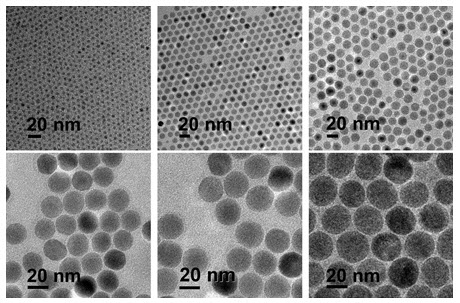 Transmission Electron Microscopy (TEM) images showing six panels of Iron Oxide Nanoparticles with a diameter of 20 nanometers. Each panel displays a different magnification and arrangement, revealing the spherical shape and uniform size of the nanoparticles. The scale bar in each image indicates 20 nm, confirming the consistency of particle size across the various images. Transmission Electron Microscopy (TEM) images showing six panels of Iron Oxide Nanoparticles with a diameter of 20 nanometers. Each panel displays a different magnification and arrangement, revealing the spherical shape and uniform size of the nanoparticles. The scale bar in each image indicates 20 nm, confirming the consistency of particle size across the various images.