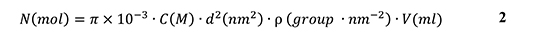 a mathematical formula: M(iron) equals n times 10 to the power of -2 multiplied by C(Fe) times V(sample) divided by p(iron) times V(total).. Areal density of surface COOH groups.