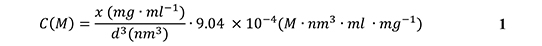 A mathematical formula for C(S), which is equal to x (mg m^-2) divided by 3d^2 (mm^2), multiplied by 3.04 times 10^-5 (m^3 mg^-1 mm^-2 mg d^-1). Particle number concentration.