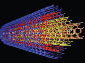 A 3D cylindrical structure composed of hexagonal patterns in blue, red, yellow, and orange colors, representing multi-walled carbon nanotubes. The background is black, enhancing the visibility of the intricate design. A 3D cylindrical structure composed of hexagonal patterns in blue, red, yellow, and orange colors, representing multi-walled carbon nanotubes. The background is black, enhancing the visibility of the intricate design.