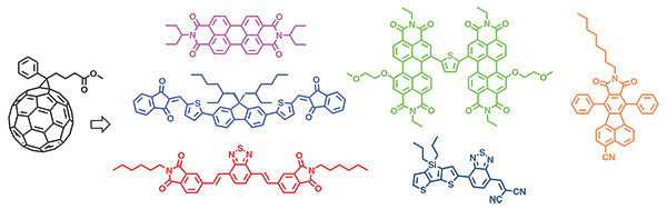 The image displays a series of eight chemical structures, each depicted in a different color. Starting from the left, the first structure is a black molecular diagram of buckminsterfullerene, a spherical arrangement resembling a soccer ball made of pentagons and hexagons. Next to it are two blue structures; the upper one is an elongated chain with alternating single and double bonds and various functional groups attached, while the lower one appears to be a smaller chain with rings and nitrogen atoms incorporated. The third set includes two green structures; both are complex aromatic molecules with multiple benzene rings and nitrile groups attached. The final set on the right shows two orange structures; the upper one is an organic molecule with oxygen atoms forming ester linkages, while the lower one is another aromatic molecule with benzene rings and nitrile groups. Each structure represents different organic compounds, showcasing diversity in molecular architecture. The image displays a series of eight chemical structures, each depicted in a different color. Starting from the left, the first structure is a black molecular diagram of buckminsterfullerene, a spherical arrangement resembling a soccer ball made of pentagons and hexagons. Next to it are two blue structures; the upper one is an elongated chain with alternating single and double bonds and various functional groups attached, while the lower one appears to be a smaller chain with rings and nitrogen atoms incorporated. The third set includes two green structures; both are complex aromatic molecules with multiple benzene rings and nitrile groups attached. The final set on the right shows two orange structures; the upper one is an organic molecule with oxygen atoms forming ester linkages, while the lower one is another aromatic molecule with benzene rings and nitrile groups. Each structure represents different organic compounds, showcasing diversity in molecular architecture.