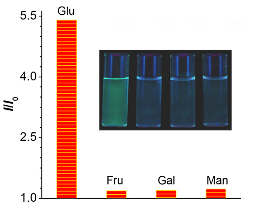 FL responses of TPE-BA (50 μM) to saccharides (4 mM). Inset: photographs of solutions of TPE-BA in carbonate buffers containing 5 mM saccharide taken under UV illumination