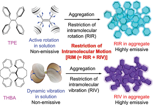 Illustration of fluorescence turn-on process of AIEgens by RIR (TPE) and RIV (THBA)