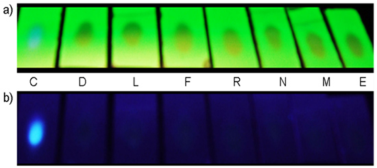 Selective detection of L-cysteine (C) by a TPE-Thiol spot on a TLC plate