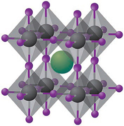 A 3D representation of a crystal lattice structure. The lattice consists of interconnected tetrahedral units, with black spheres representing one type of atom, purple spheres representing another type, and a large green sphere positioned in the center, indicating a different atom or ion. The arrangement illustrates the geometric symmetry and spatial organization of the atoms within the crystal framework. A 3D representation of a crystal lattice structure. The lattice consists of interconnected tetrahedral units, with black spheres representing one type of atom, purple spheres representing another type, and a large green sphere positioned in the center, indicating a different atom or ion. The arrangement illustrates the geometric symmetry and spatial organization of the atoms within the crystal framework.