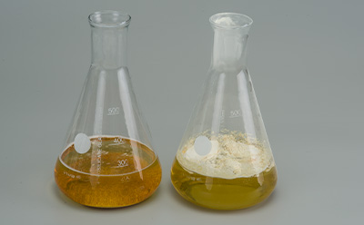 Two laboratory flasks side by side; the left flask contains a dark amber liquid, while the right flask holds a lighter yellow-brown liquid with some sediment, both set against a gray background.