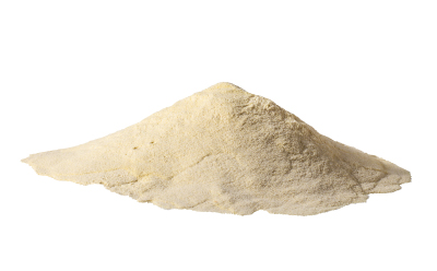 A mound of fine, pale yellow yeast peptone powder set against a white background.