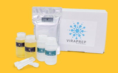 VIRAPREP<sup>®</sup> Kit Components VIRAPREP® kit including binding and elution buffers, membranes, and sterile tubes for concentrating coliphages.