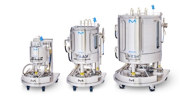 Mobius<sup>®</sup> ADC Reactor Family Three Mobius Single-Use Bioreactors (10 L, 100 L, 500 L) aligned next to each other. Each bioreactor consists of a cylindrical vessel with multiple ports and tubes attached, mounted on a wheeled support structure for mobility.