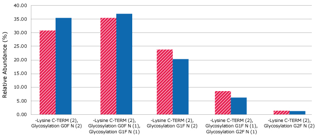 N-glycoform distribution of trastuzumab by Intact RPLC-MS Red: Innovator; Blue: Biosimilar. A bar graph depicting the distribution of major N-glycoforms of trastuzumab by Intact RPLC-MS. The innovator is depicted in red curve, and the biosimilar in blue, with relative abundance measured on the y-axis.
