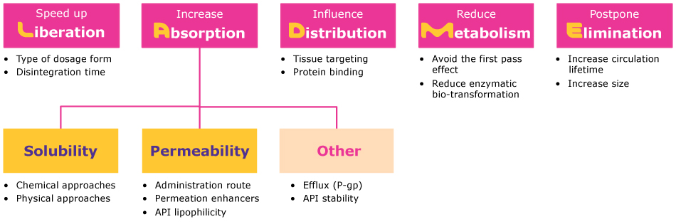LADME requirements for API bioavailability Overview of different approaches used to improve API bioavailability including those for solubility and permeability enhancement.
