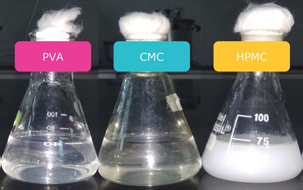 Flasks containing PVA, CMC, and HPMC individually after steam sterilization.