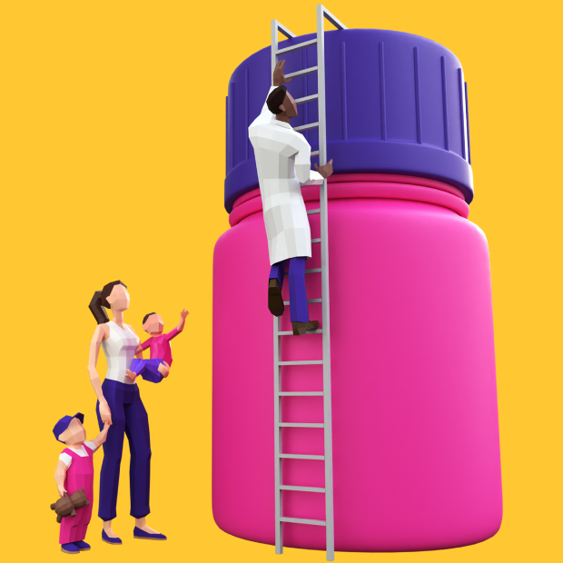 Little Patients Big Challenges A giant pink medicine bottle with a purple lid against a vibrant yellow background. A scientist climbs a ladder to reach the bottle’s cap, while a mother and her two small children stand to the side looking up at the scientist.