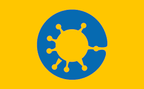 A blue circle with a yellow spikey virus icon at its center on a yellow background. A blue circle with a yellow spikey virus icon at its center on a yellow background.