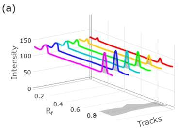 A three-dimensional densitogram with intensity on the vertical axis, Rf values on the horizontal axis from left to right, and track numbers from back to front. Multiple colored lines represent individual tracks corresponding to different concentrations of chlorthalidone. Two prominent peaks are visible in each track at distinct Rf positions, indicating the presence of analyte bands. The peak height increases progressively from the nearest track to the farthest, illustrating calibration using ascending concentrations.