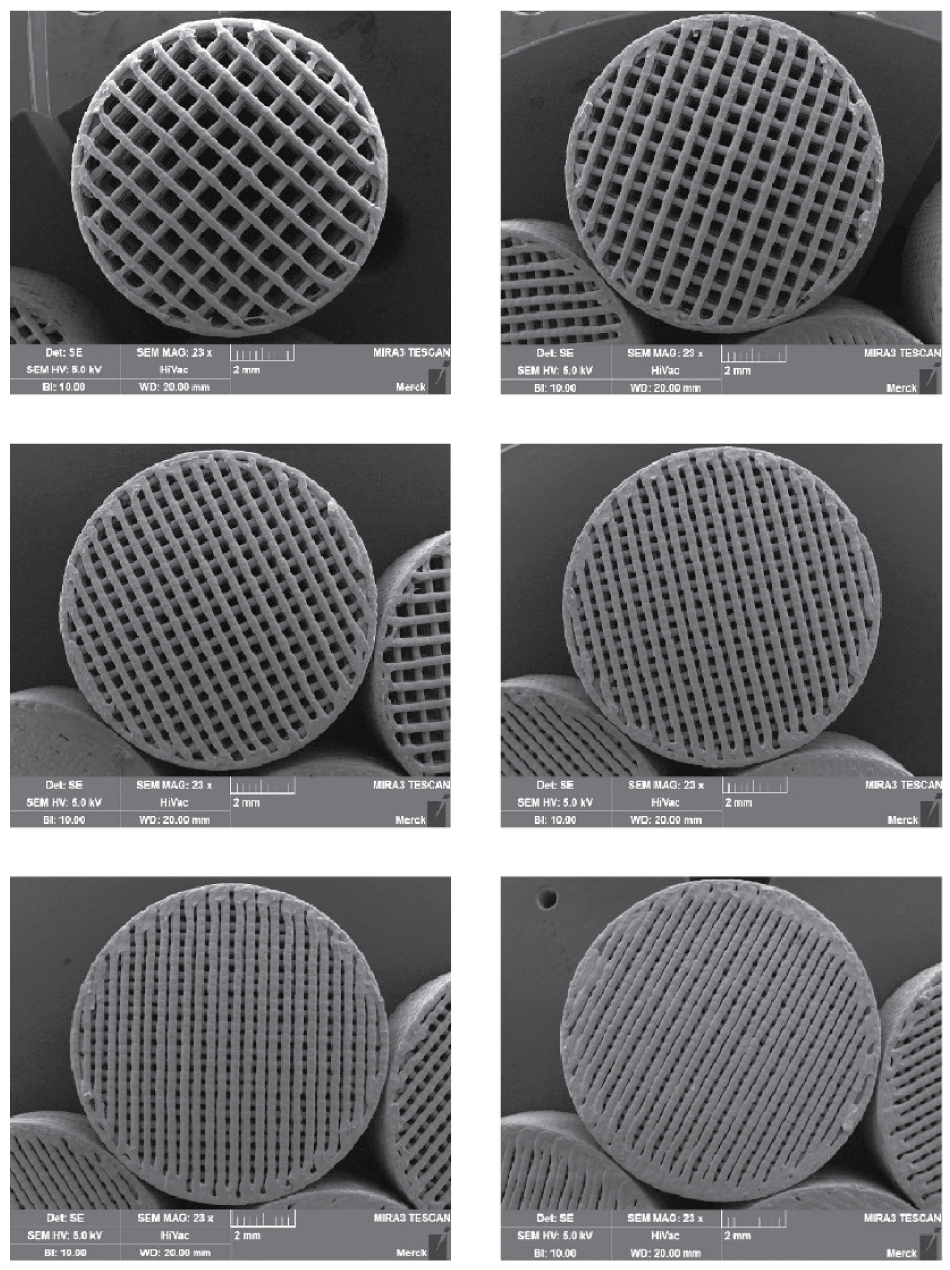 SEM images of 3D printed tablets with different porosity and surface area