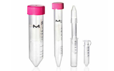 Amicon® Ultra devices in a row featuring the 0.5 mL, 2.0 mL, 4.0 mL, and 15 mL devices.