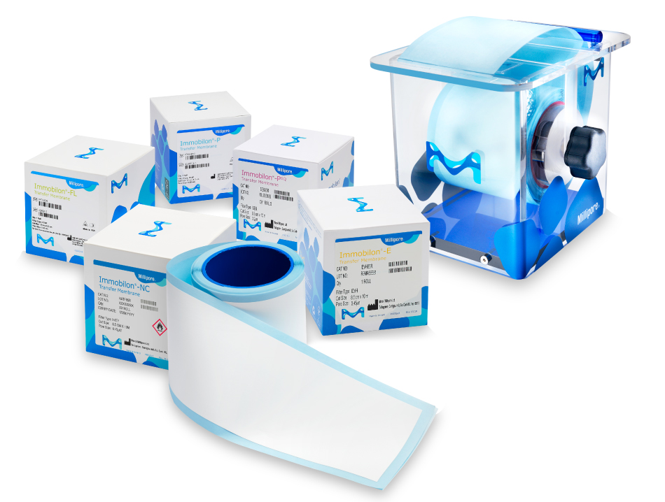 Immobilon NOW membrane rolls and dispenser Photograph showing Immobilon® membrane roll and boxes on left side, and Immobilon® NOW dispenser on right.