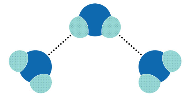 Hydrogen bonding between water molecules 示意图展示了三个水分子之间氢键的概念。氢键通过氢原子与氧原子之间的虚线表示。